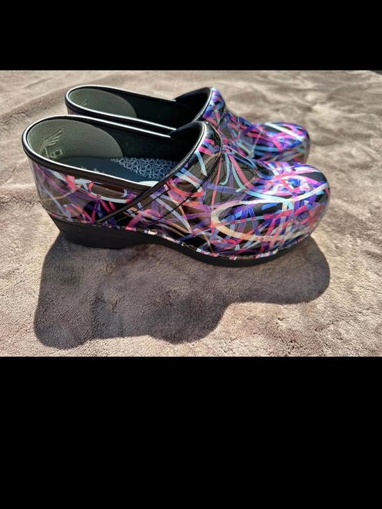 Dansko Shoes - Dansko Black Clogs with Pink Purple Blue Swirl Pattern